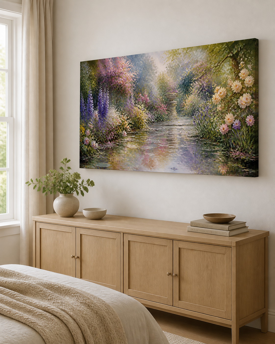 Garden After Rain stretched canvas wall art from a left interior angle