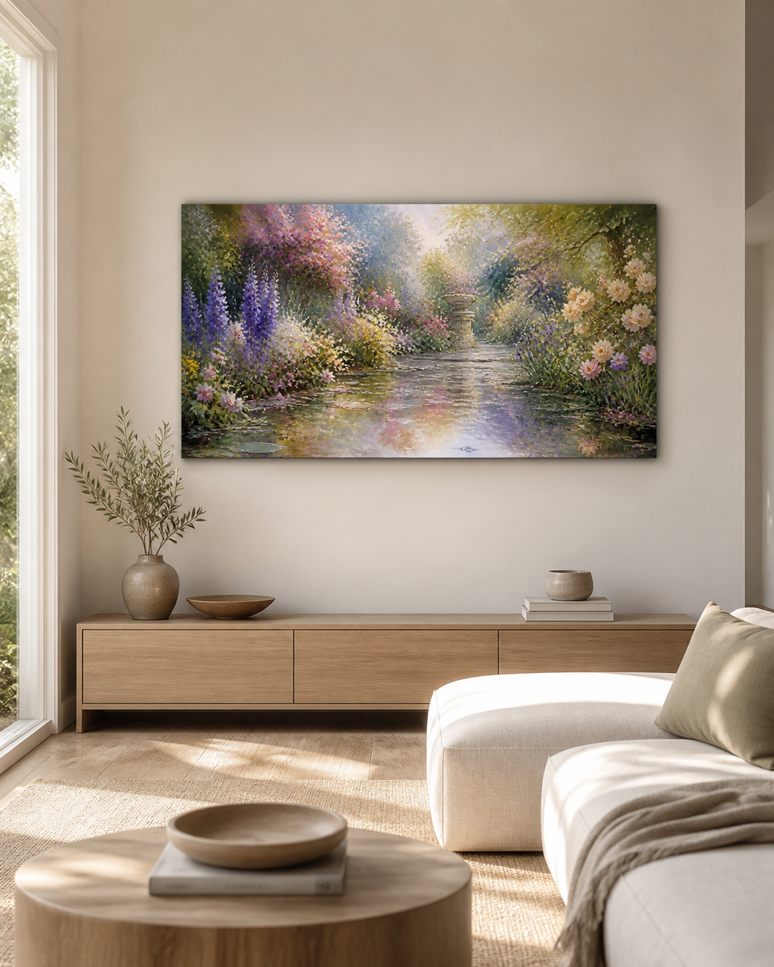 Garden After Rain stretched canvas wall art displayed in a neutral living room
