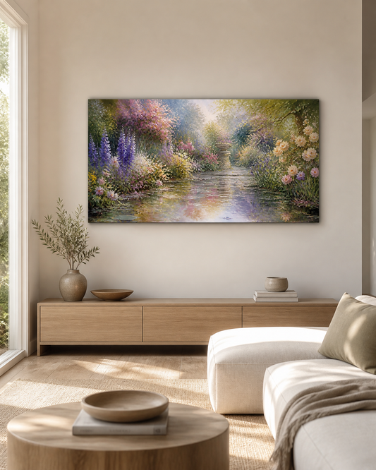 Garden After Rain stretched canvas wall art displayed in a neutral living room