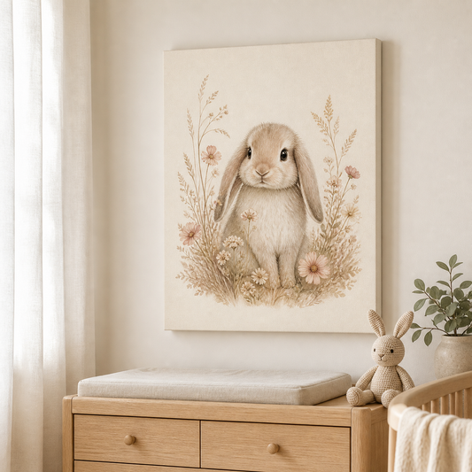 Gentle Bunny Nursery Stretched Canvas Wall Art styled in a neutral Australian baby nursery