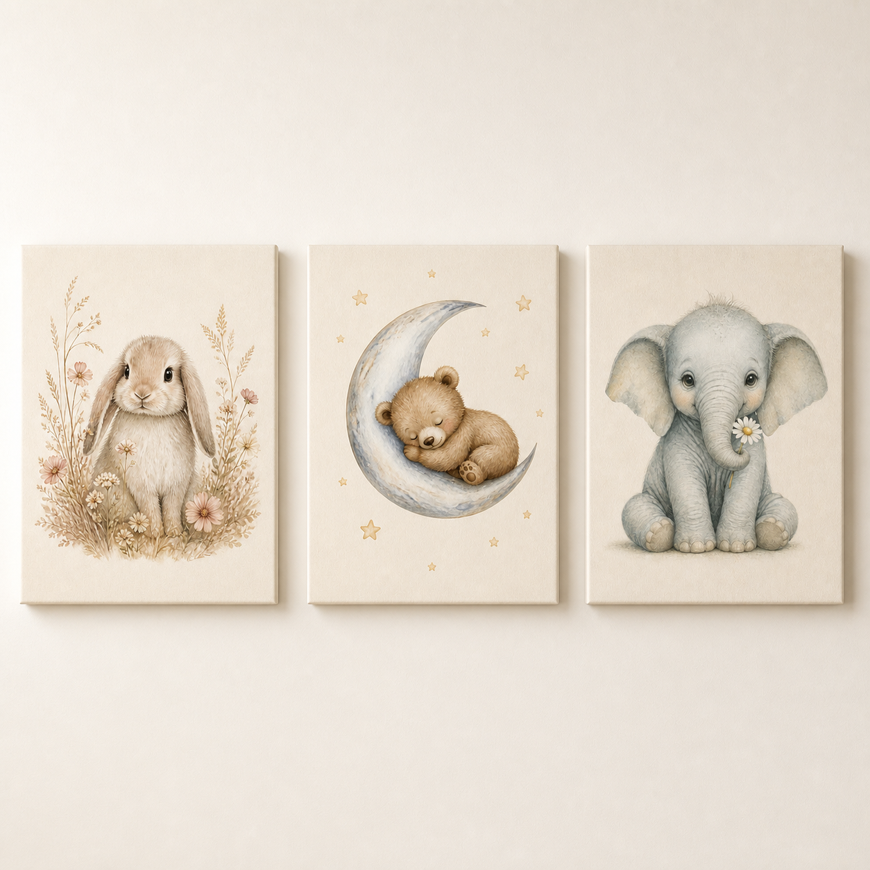 Three-piece nursery stretched canvas set featuring bunny, sleepy bear and baby elephant artwork