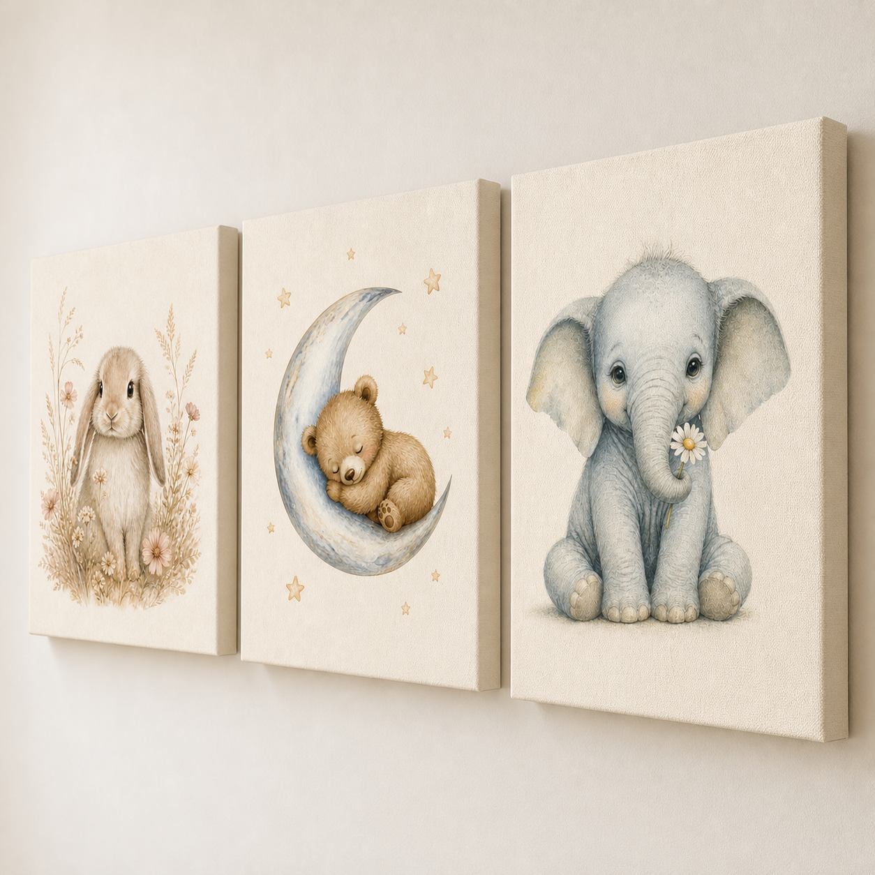 Angled edge and canvas texture detail of three-piece nursery stretched canvas wall art set