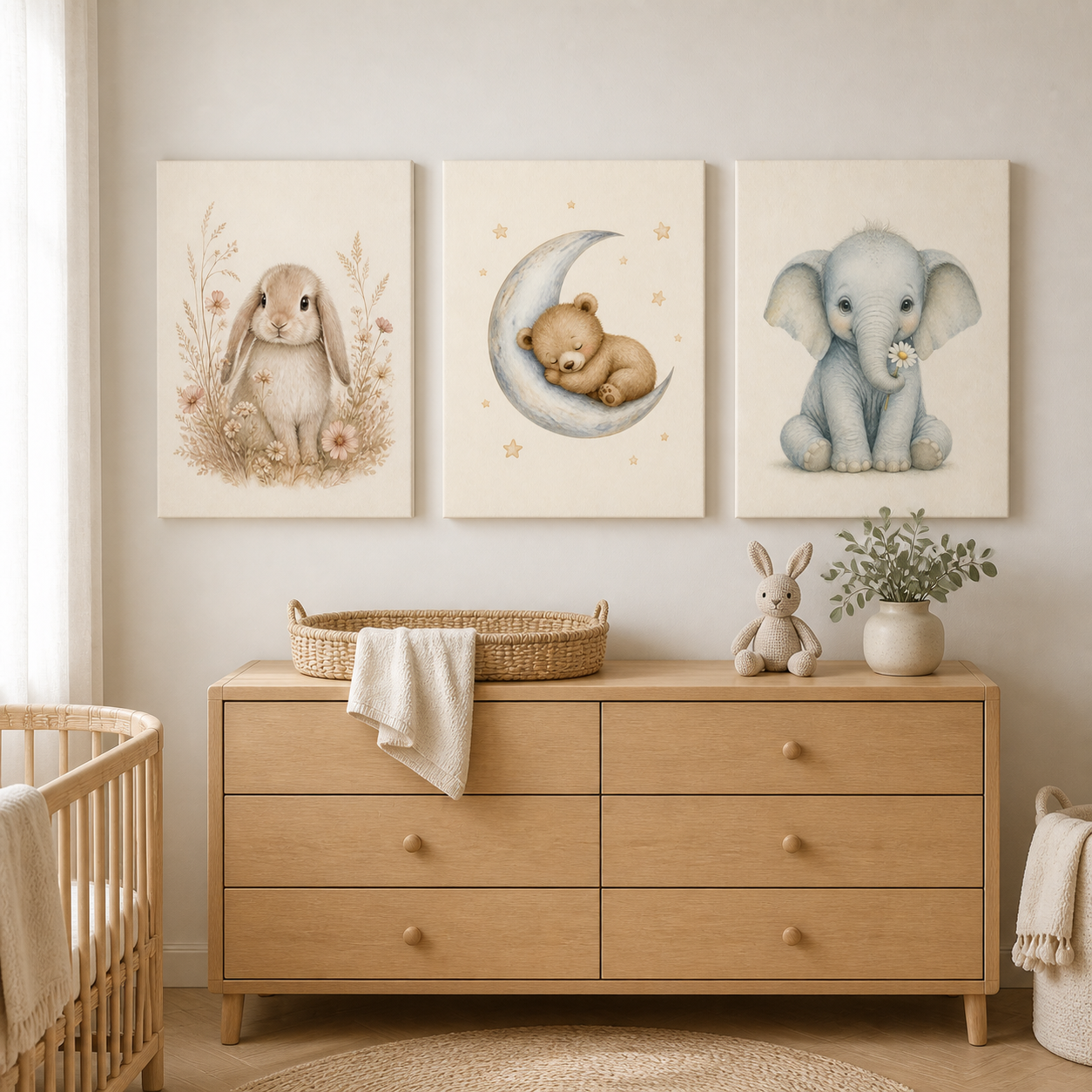 Gentle Bunny, Sleepy Bear and Baby Elephant stretched canvas nursery wall art set styled above a light oak dresser