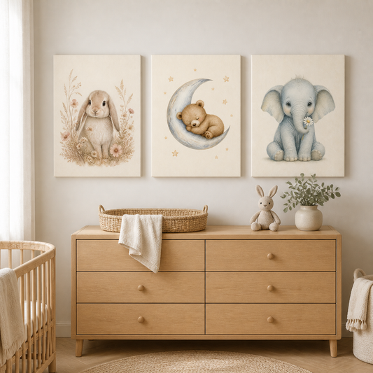 Gentle Bunny, Sleepy Bear and Baby Elephant stretched canvas nursery wall art set styled above a light oak dresser