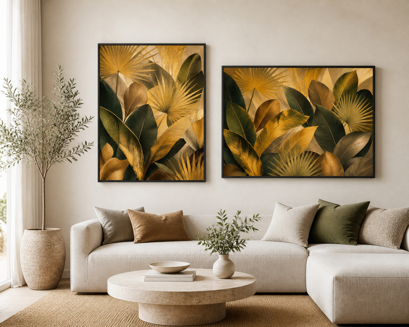 Golden Canopy black floating frame canvas in a contemporary living room