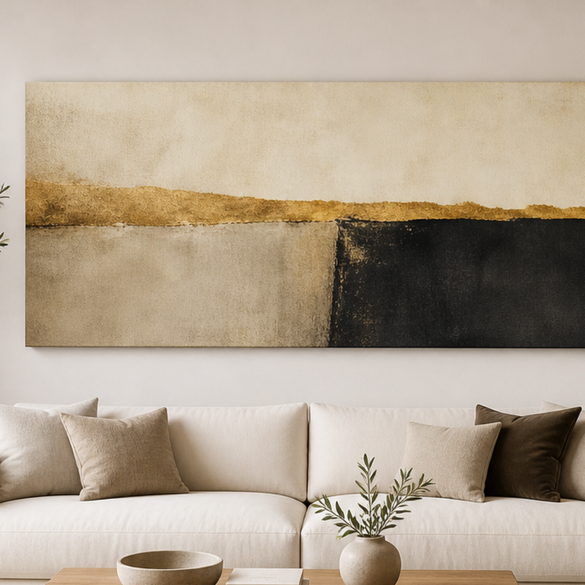 Golden Divide Abstract Stretched Canvas displayed above a neutral sofa – lifestyle thumbnail
