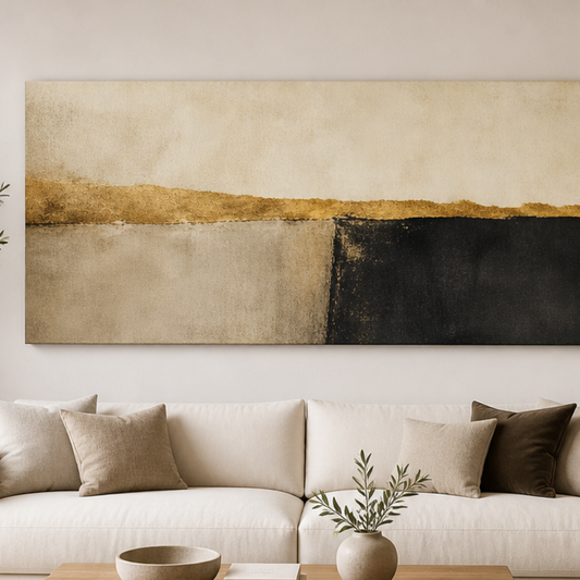 Golden Divide Abstract Stretched Canvas displayed above a neutral sofa – lifestyle thumbnail