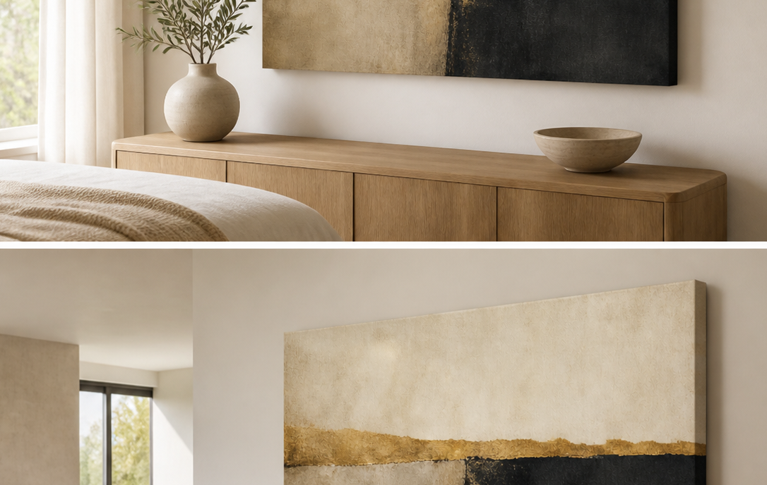 Golden Divide stretched canvas wall art in bedroom, left angle