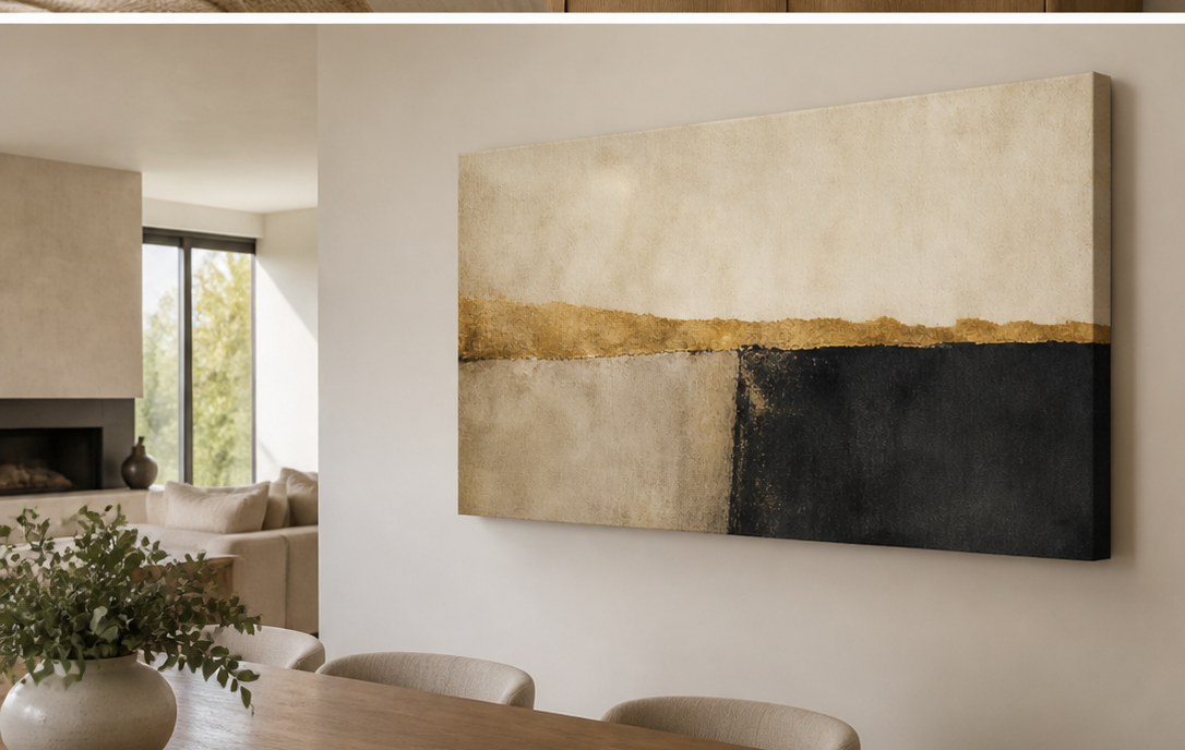 Golden Divide stretched canvas wall art in dining room, right angle
