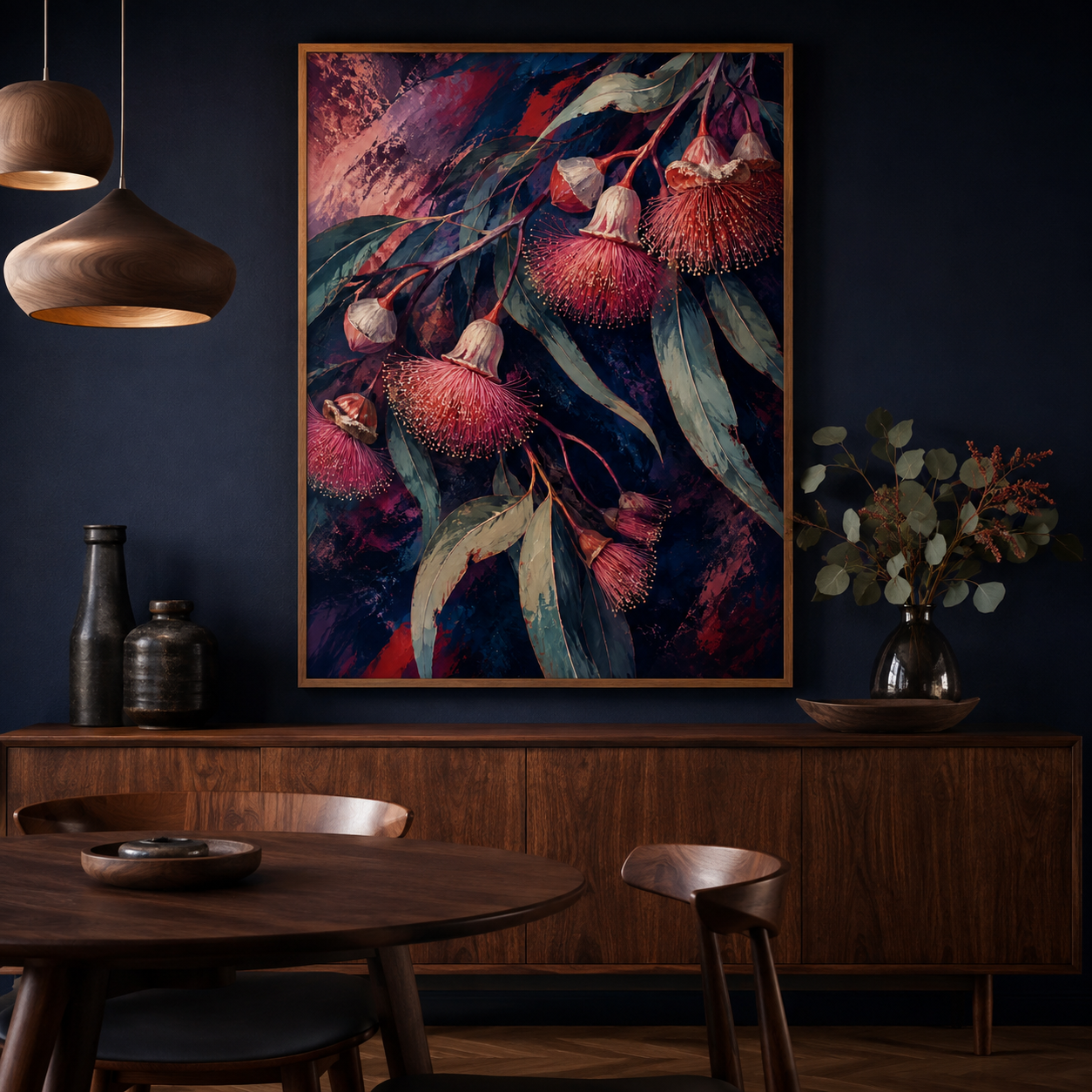 Gum Blossom Nocturne Dark Floral Framed Canvas Wall Art