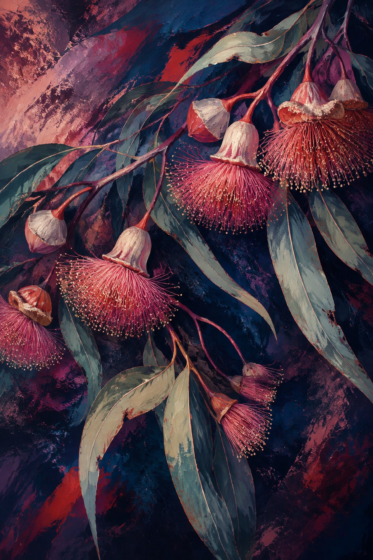 Gum Blossom Nocturne Dark Floral Framed Canvas Wall Art