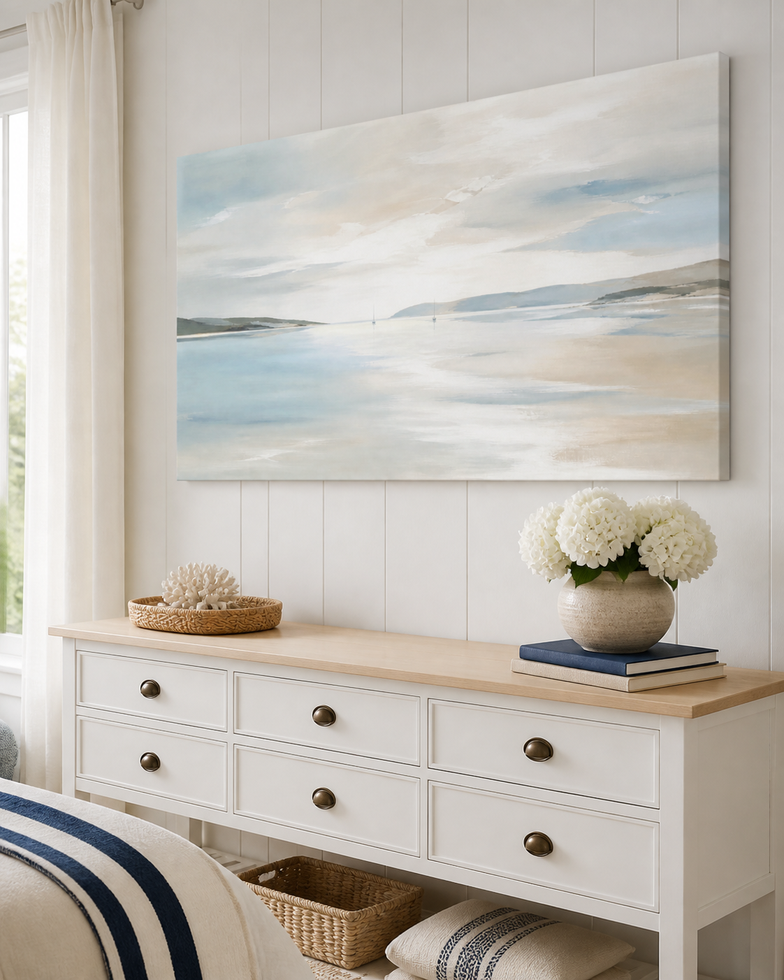 Harbour Stillness Hamptons stretched canvas wall art from a left interior angle