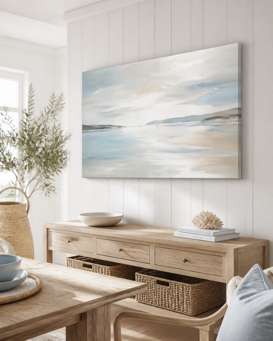Harbour Stillness Hamptons stretched canvas wall art from a right interior angle