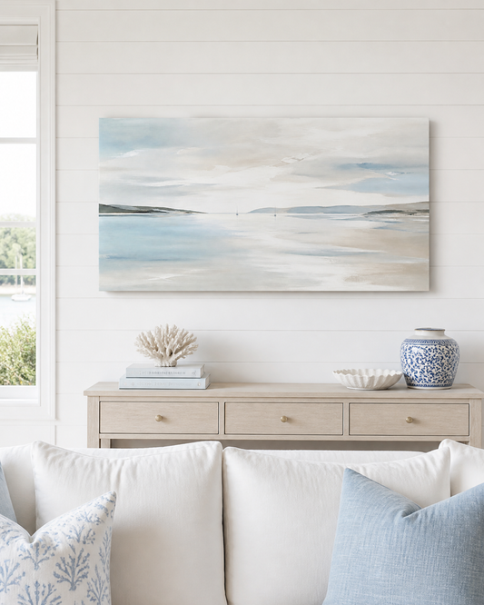 Harbour Stillness Hamptons coastal stretched canvas wall art in a living room