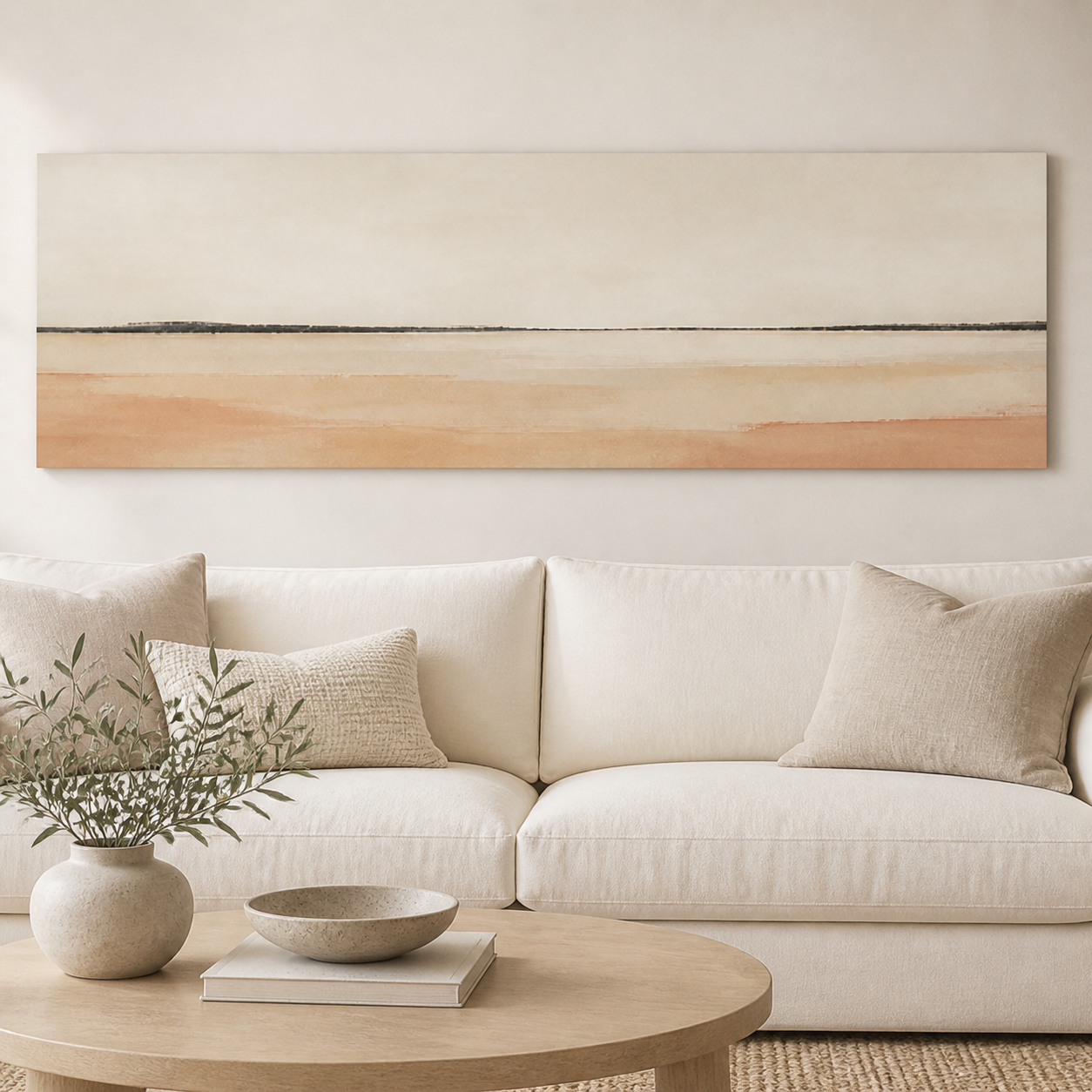 Horizon Calm Minimalist Landscape Stretched Canvas displayed above a neutral sofa – lifestyle thumbnail