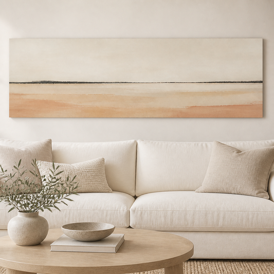 Horizon Calm Minimalist Landscape Stretched Canvas displayed above a neutral sofa – lifestyle thumbnail