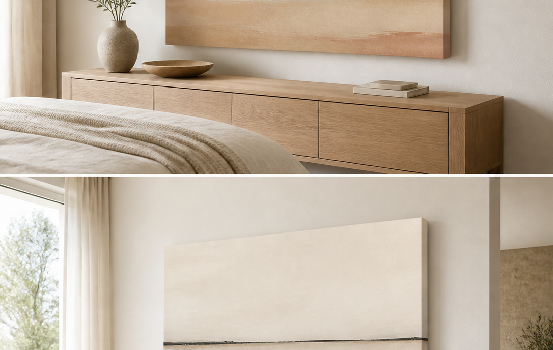 Horizon Calm stretched canvas wall art in bedroom, left angle