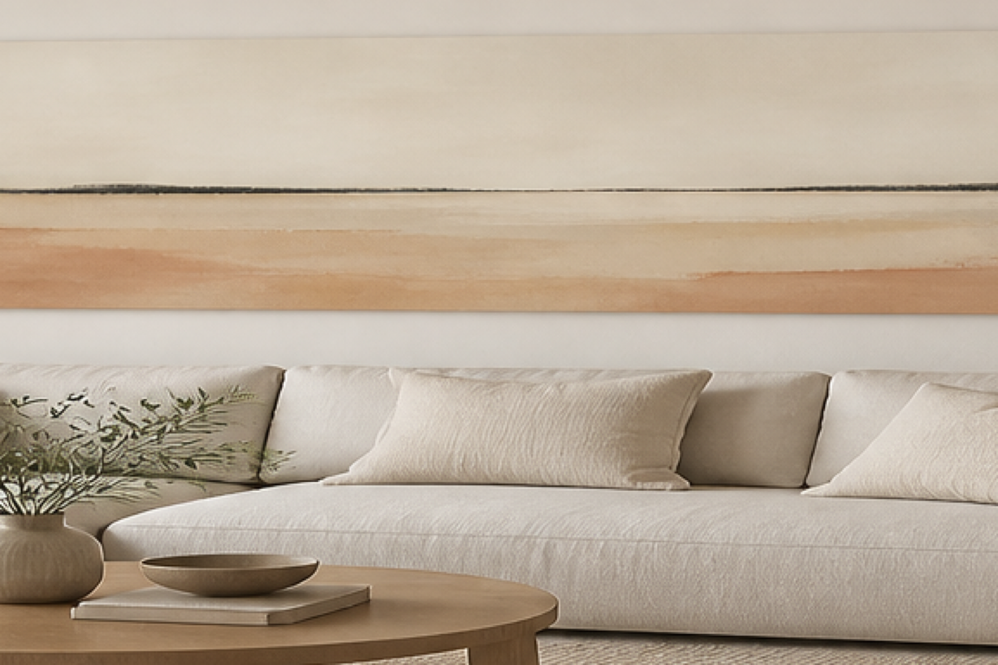 Horizon Calm Minimalist Landscape Stretched Canvas in a modern neutral living room