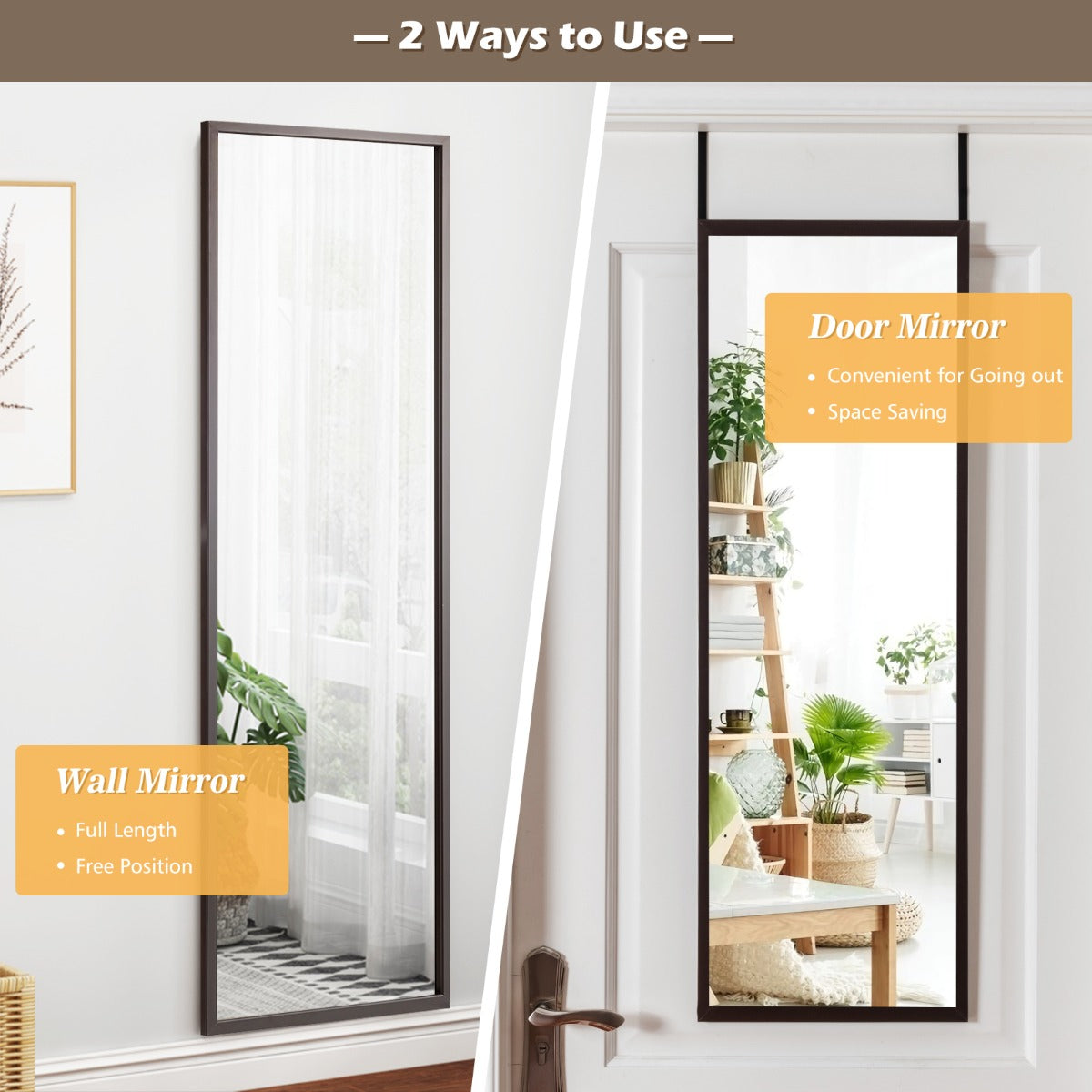 108 cm Over-the-Door Full-Length Mirror with Adjustable Hooks – Brown