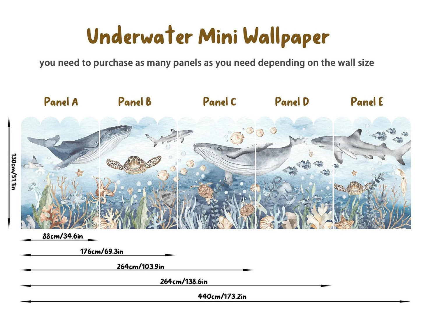 Cartoon Undersea Fabric Wall Mural - Free-Spirited Ocean Creatures: Whales, Turtles, Sharks, Octopuses, Beautiful Watercolor Decor - WM031