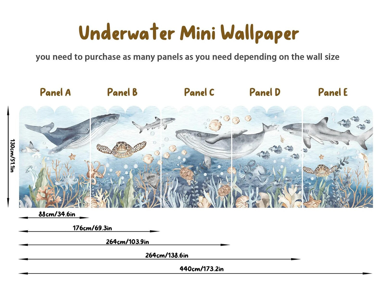 Cartoon Undersea Fabric Wall Mural - Free-Spirited Ocean Creatures: Whales, Turtles, Sharks, Octopuses, Beautiful Watercolor Decor - WM031