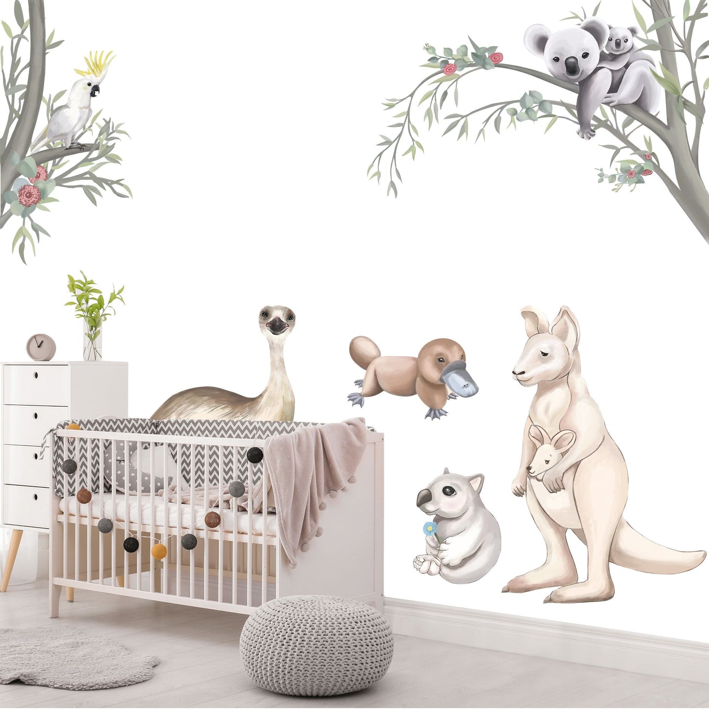 Hand painted Australian Wildlife Wall Decal Kangaroo Koala Cokatoo Wombat Platypus Emu - BR005