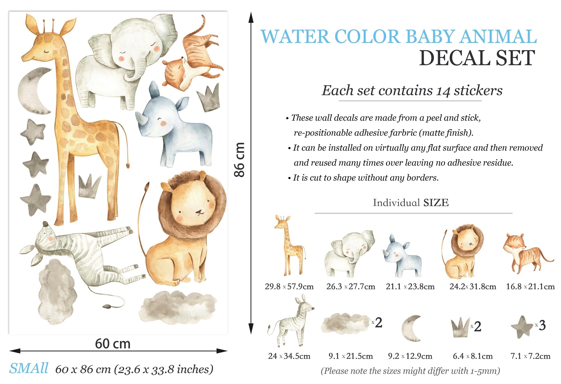 Adorable Baby Animals Watercolor Wall Decals for Girl's Room - BR003