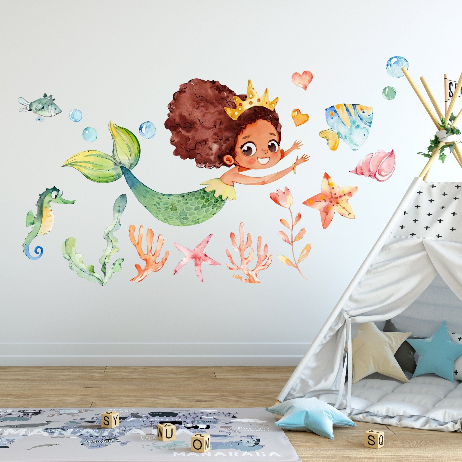 Watercolor Baby Mermaid with Brown Skin Wall Decal Sticker - BR007