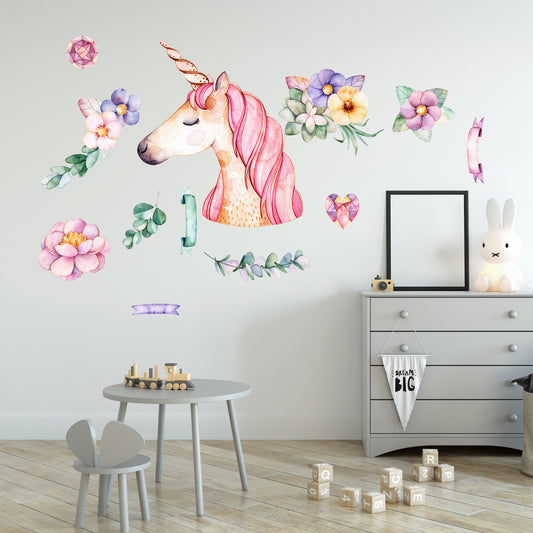 Dream Unicorn with Flowers Wall Stickers for Girls Room - BR004