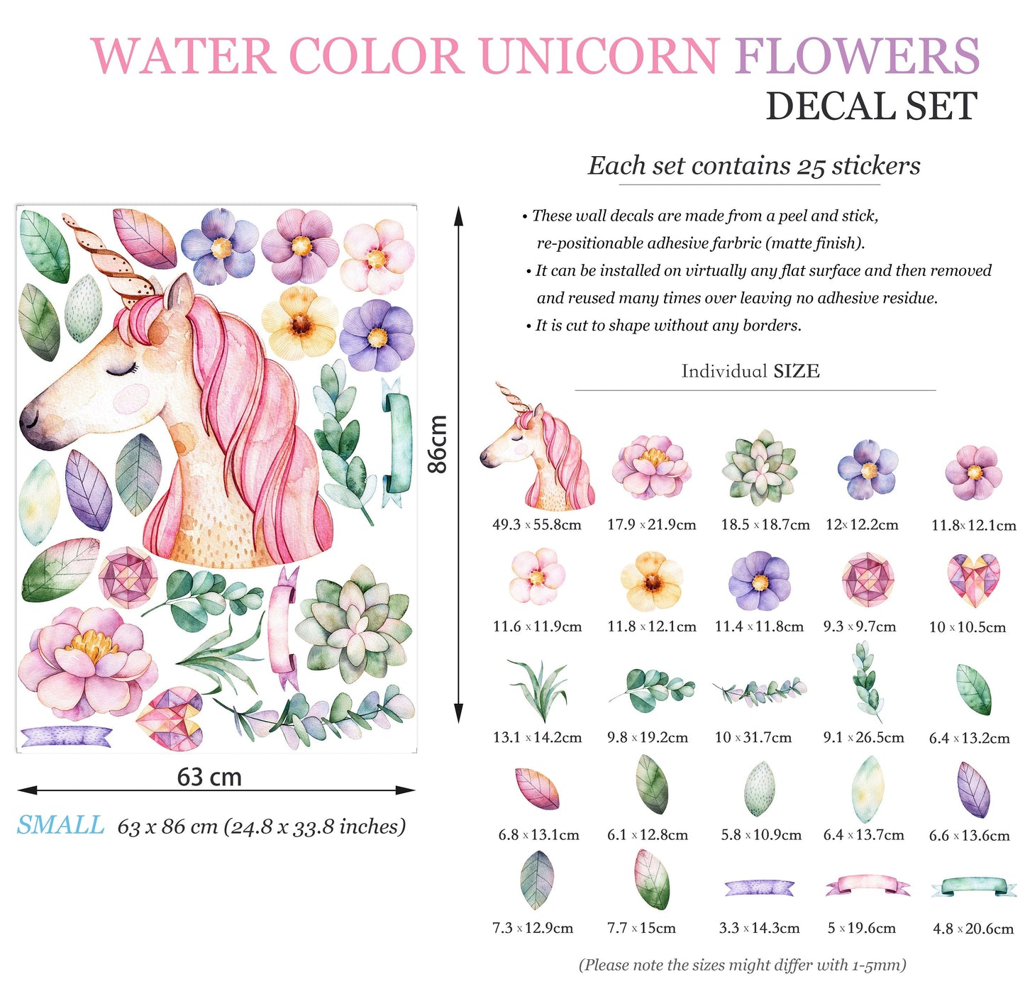 Dream Unicorn with Flowers Wall Stickers for Girls Room - BR004
