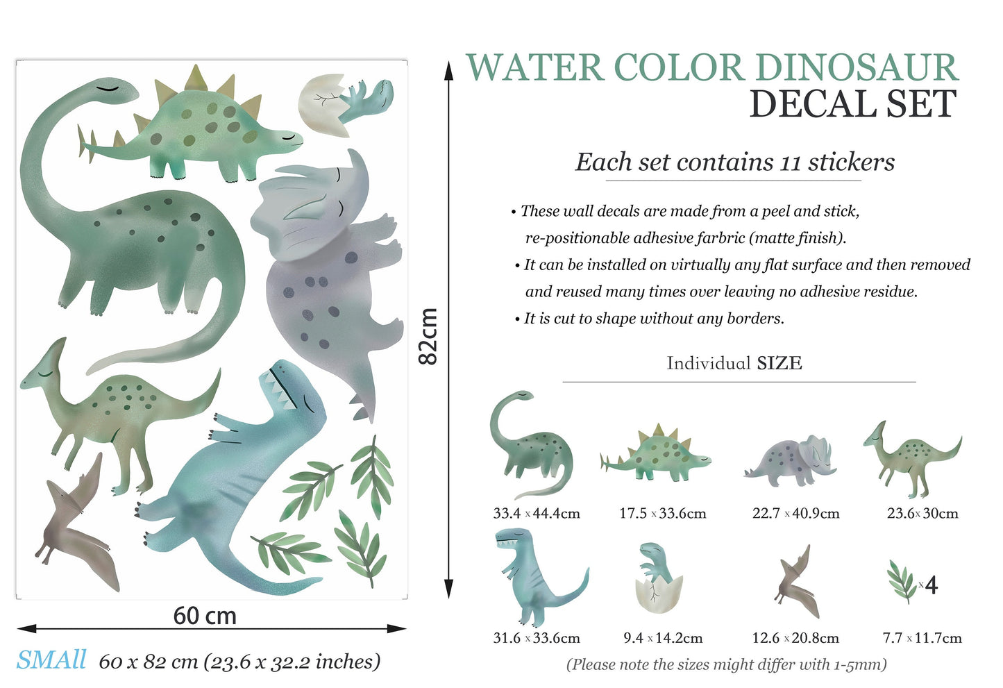 Blue&Green Cute Dinosaur Wall Decal / Peel and Stick / BR001