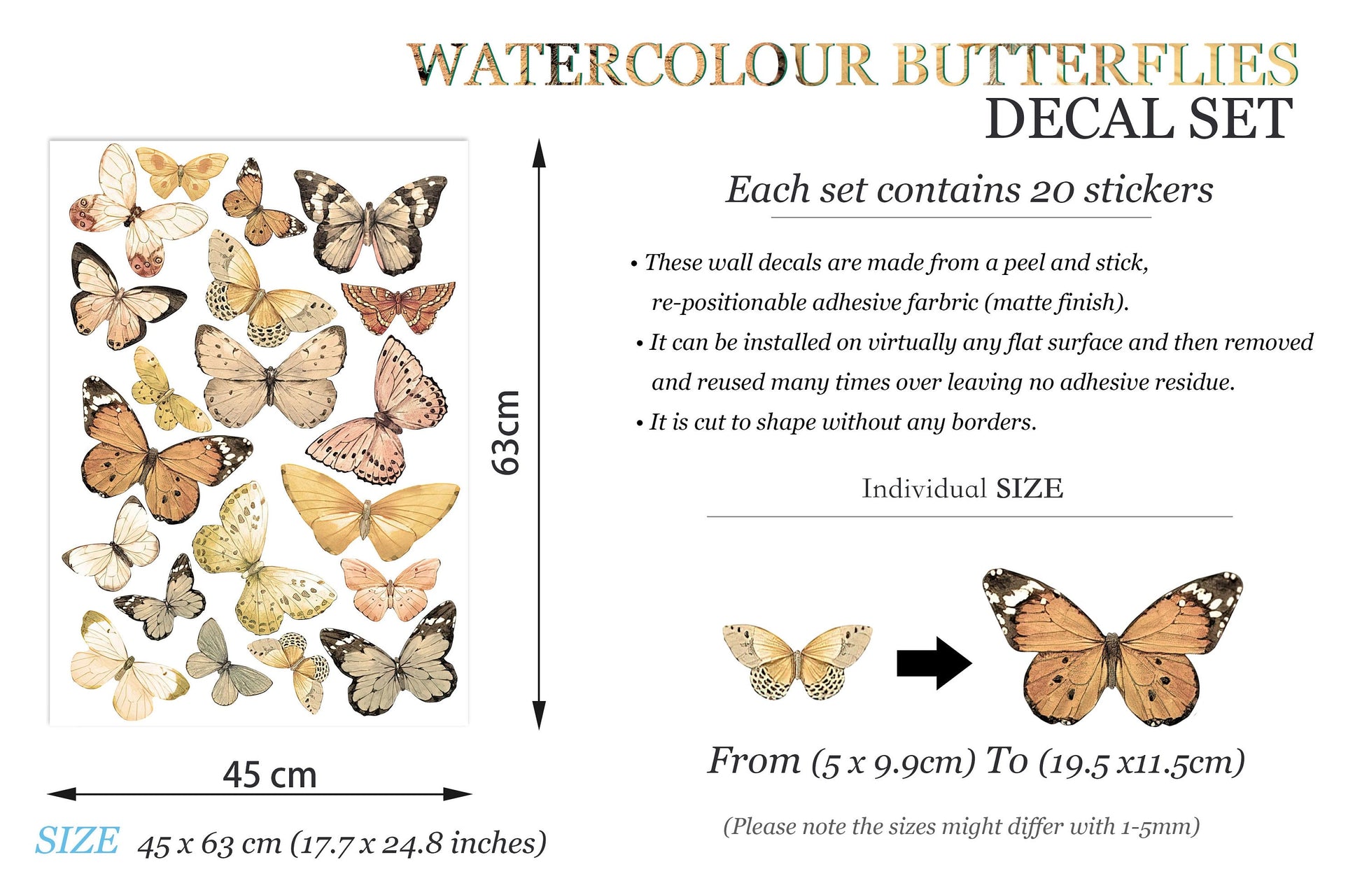 Elegant Mocha Butterfly Wall Decal Set - Assorted Coffee-toned Butterflies in Flight - Perfect for Girls' Room Decor - BR020