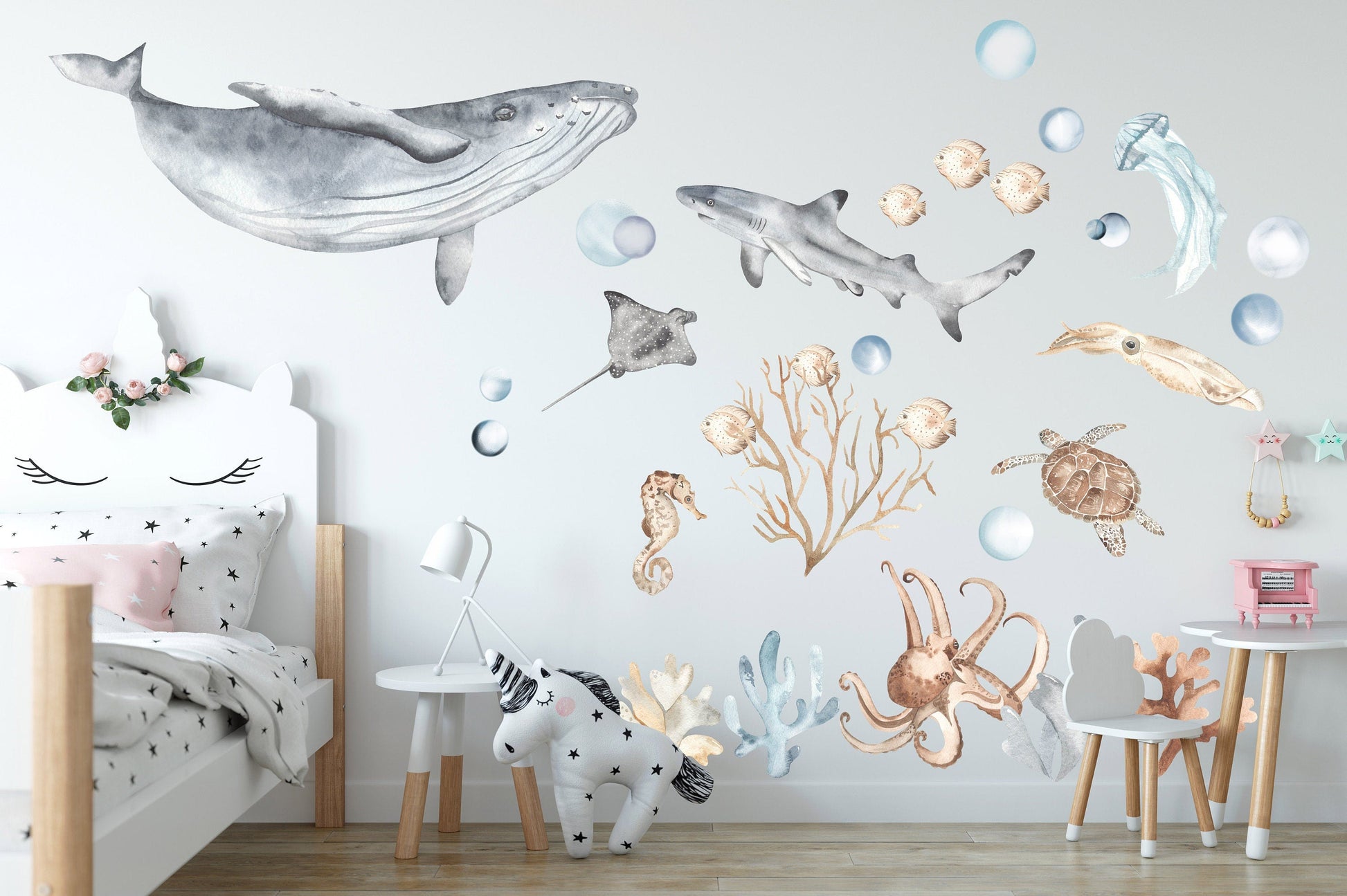 Underwater Sea Life Wall Decal – Whale Shark, Turtle, Jellyfish – Ocean Nursery Decor- BR032