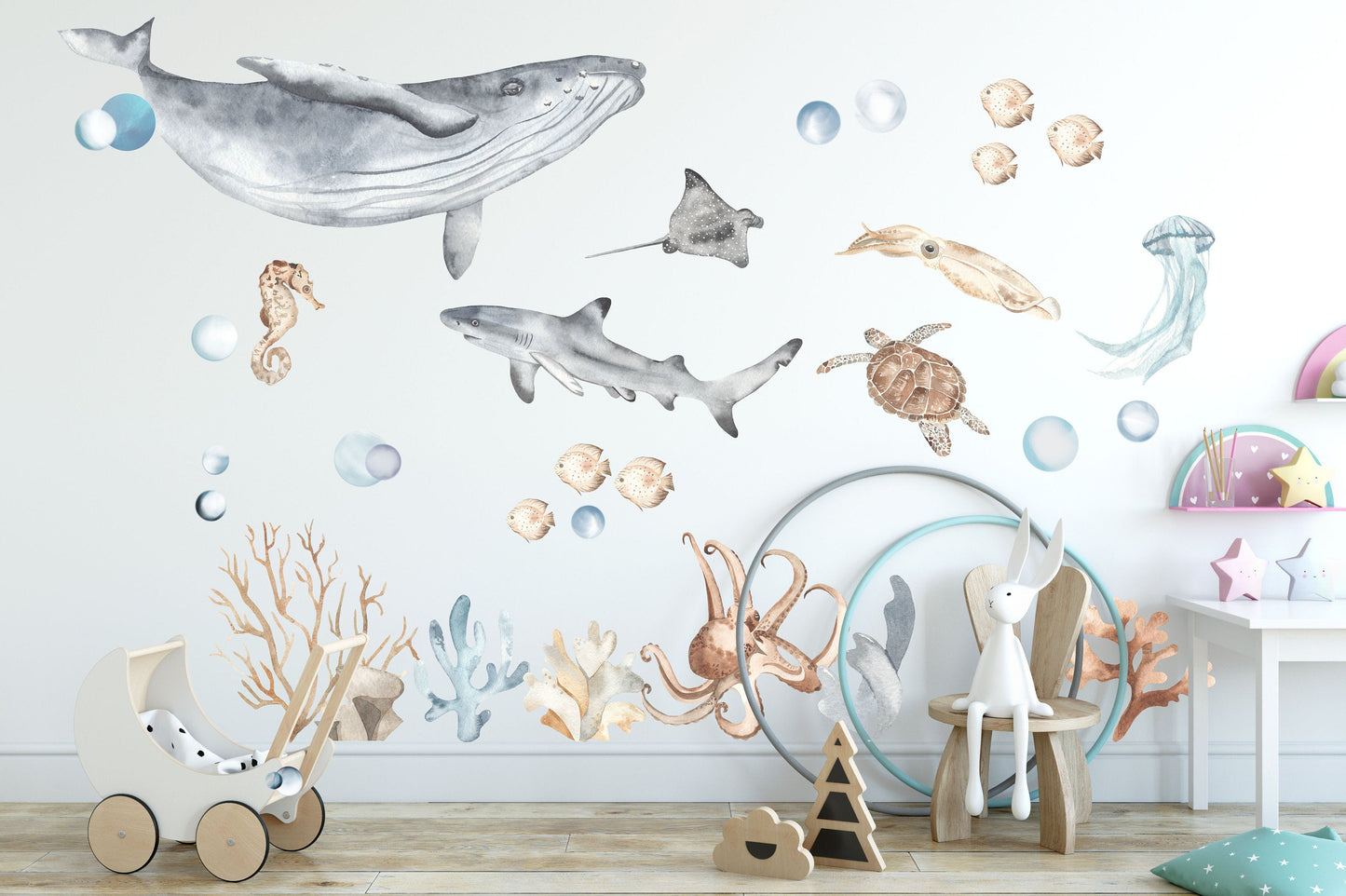 Underwater Sea Life Wall Decal – Whale Shark, Turtle, Jellyfish – Ocean Nursery Decor- BR032
