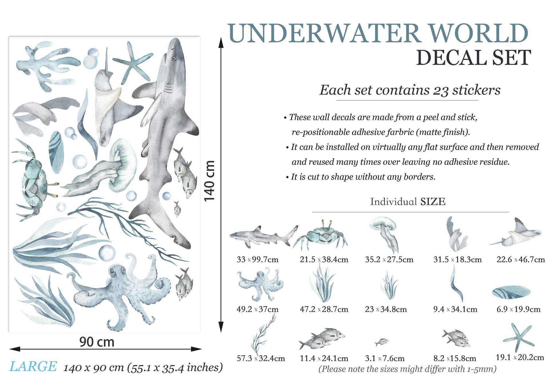 Blue Grey Underwater World Wall Decal - Shark Crab Octopus Jelly Fish - BR033