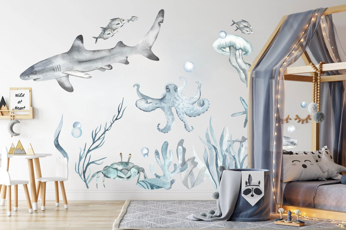 Blue Grey Underwater World Wall Decal - Shark Crab Octopus Jelly Fish - BR033