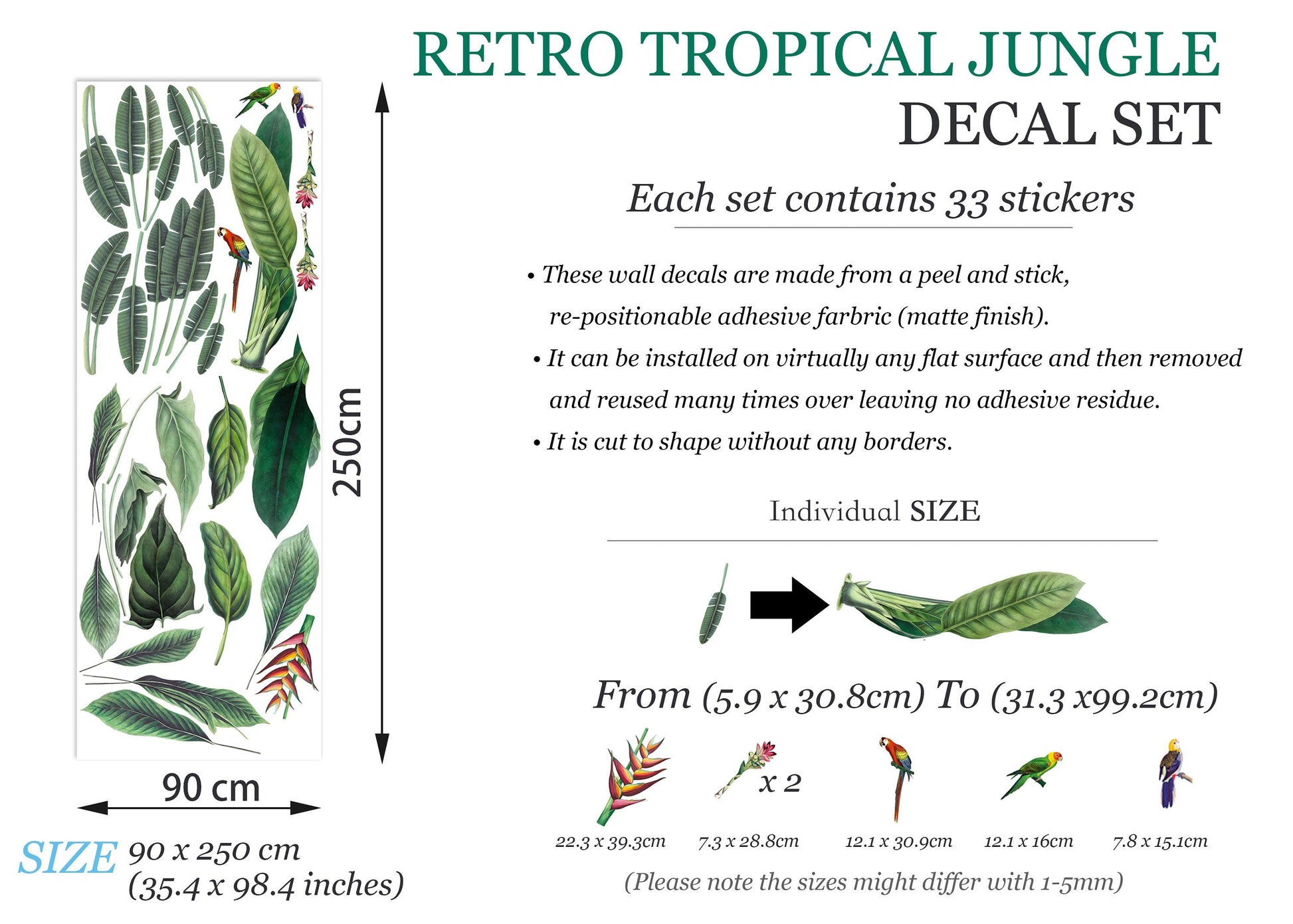 Large Tropical Leaves with Birds Wall Decal - BR034