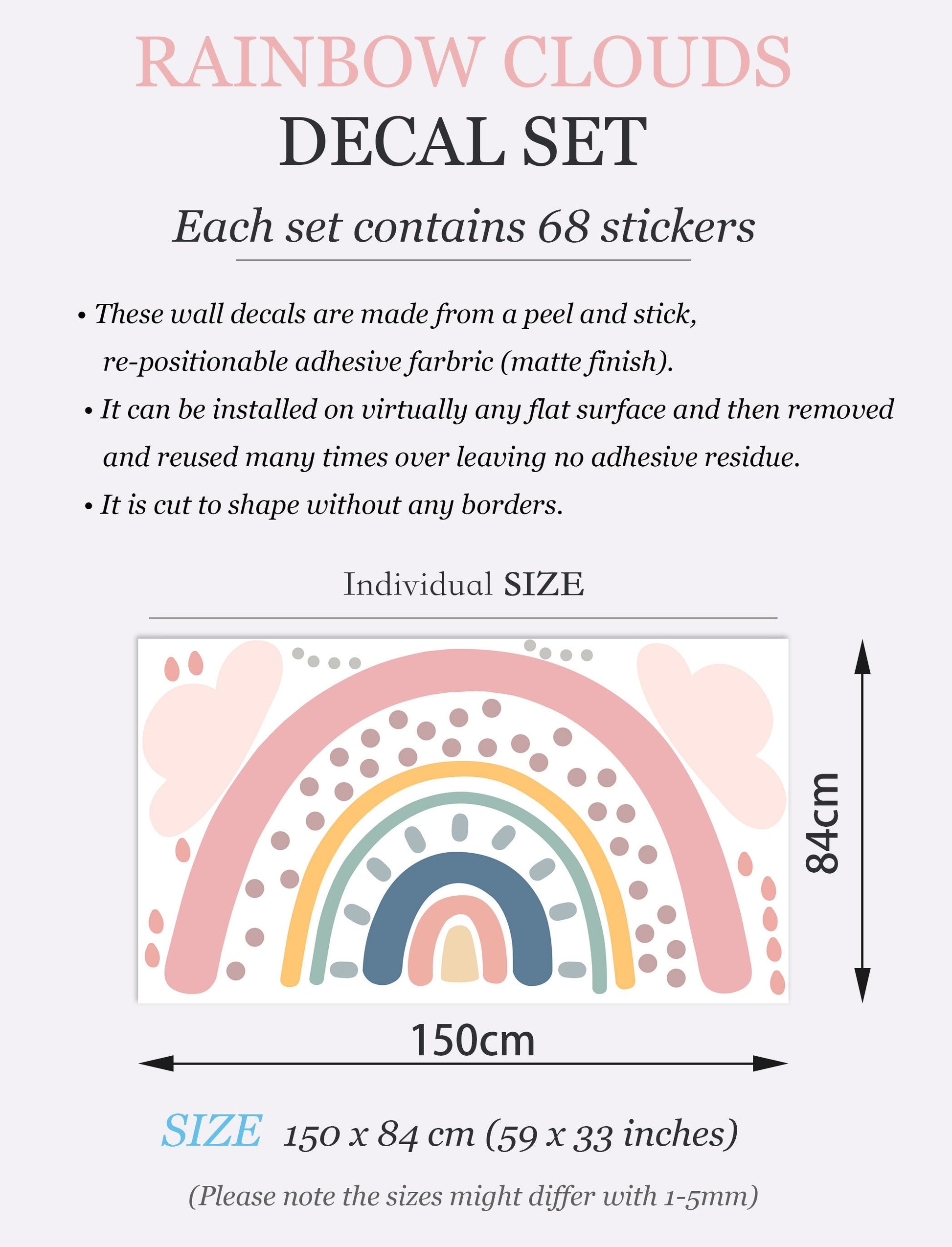 Polka Dots Rainbow under Pink Raining Clouds Wall Decal - BR042