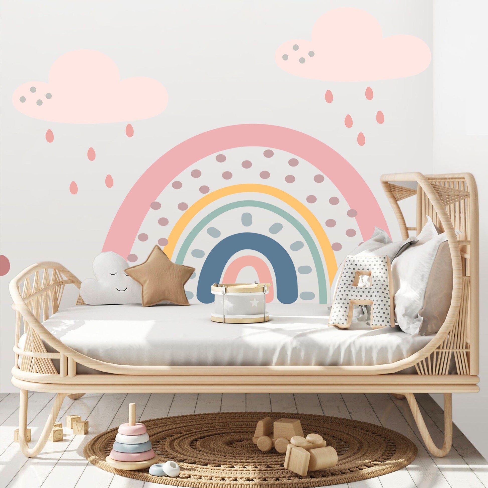 Polka Dots Rainbow under Pink Raining Clouds Wall Decal - BR042