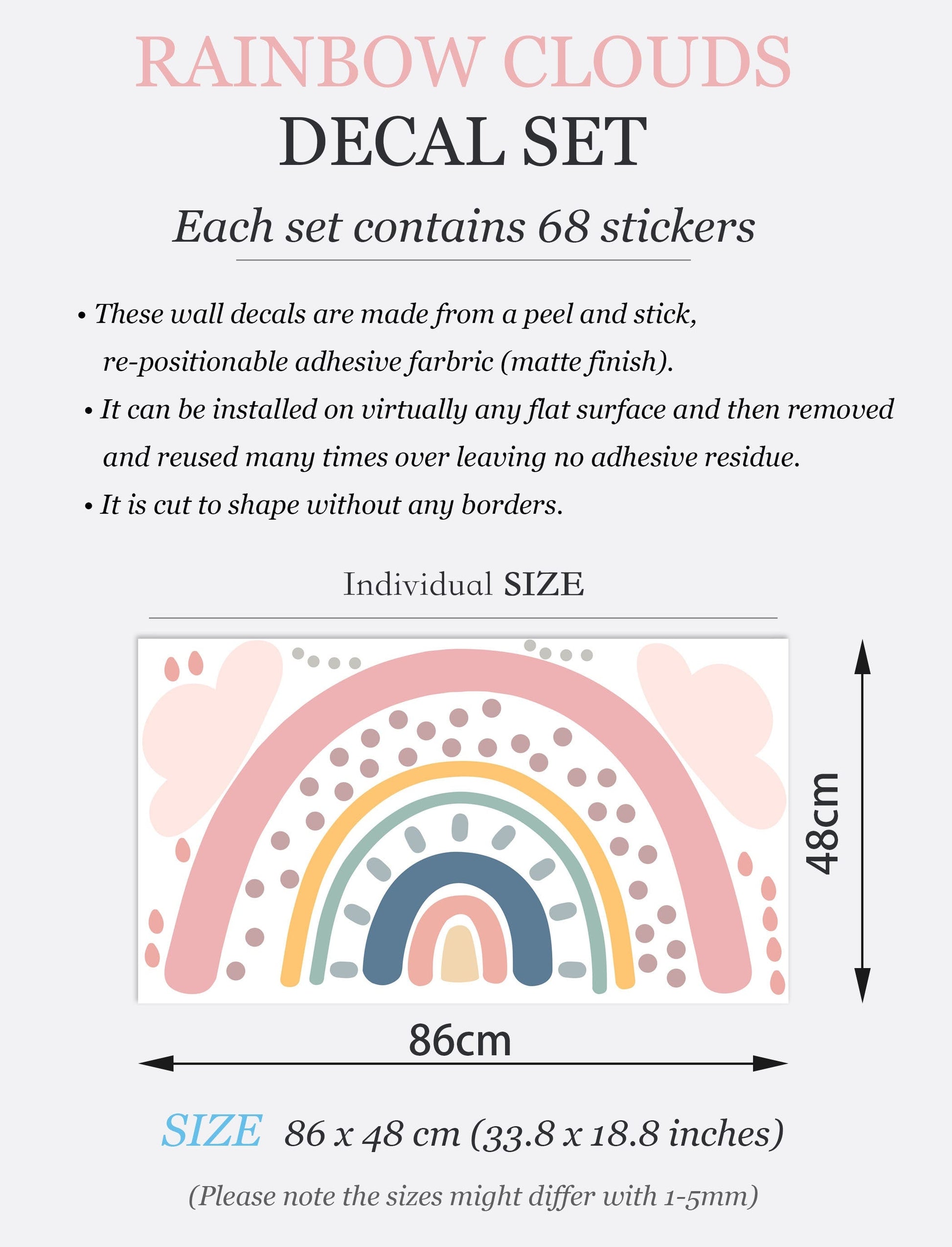Polka Dots Rainbow under Pink Raining Clouds Wall Decal - BR042