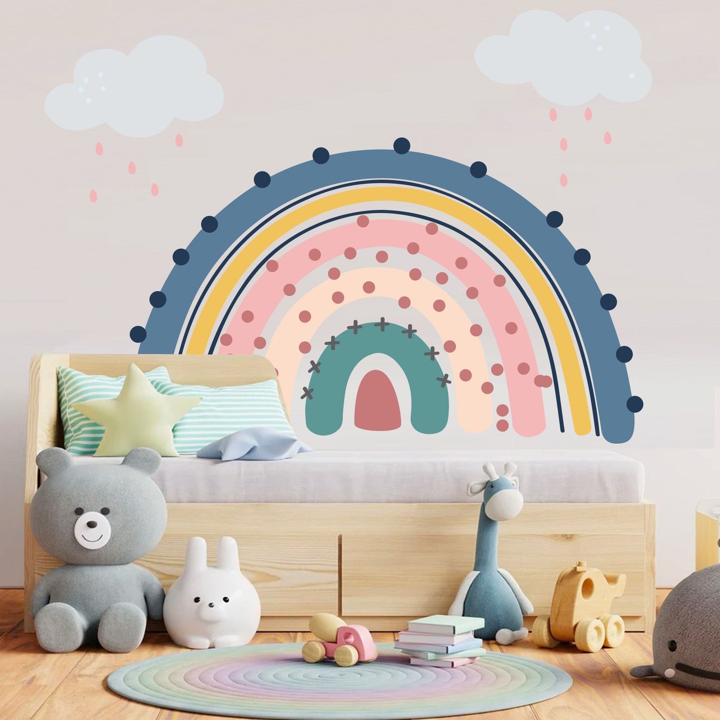 Watercolor Polka Dot Rainbow under Grey Rain Cloud Wall Decals - Girls' Room Decor - BR043