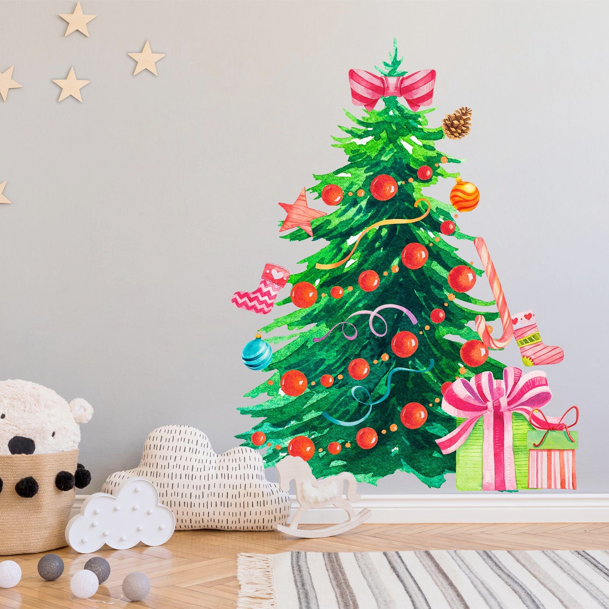 Christmas Tree with Red Ornaments and Gift Boxes Wall Decal - BR046