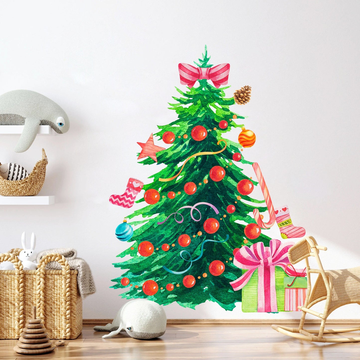 Christmas Tree with Red Ornaments and Gift Boxes Wall Decal - BR046
