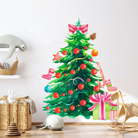 Christmas Tree with Red Ornaments and Gift Boxes Wall Decal - BR046