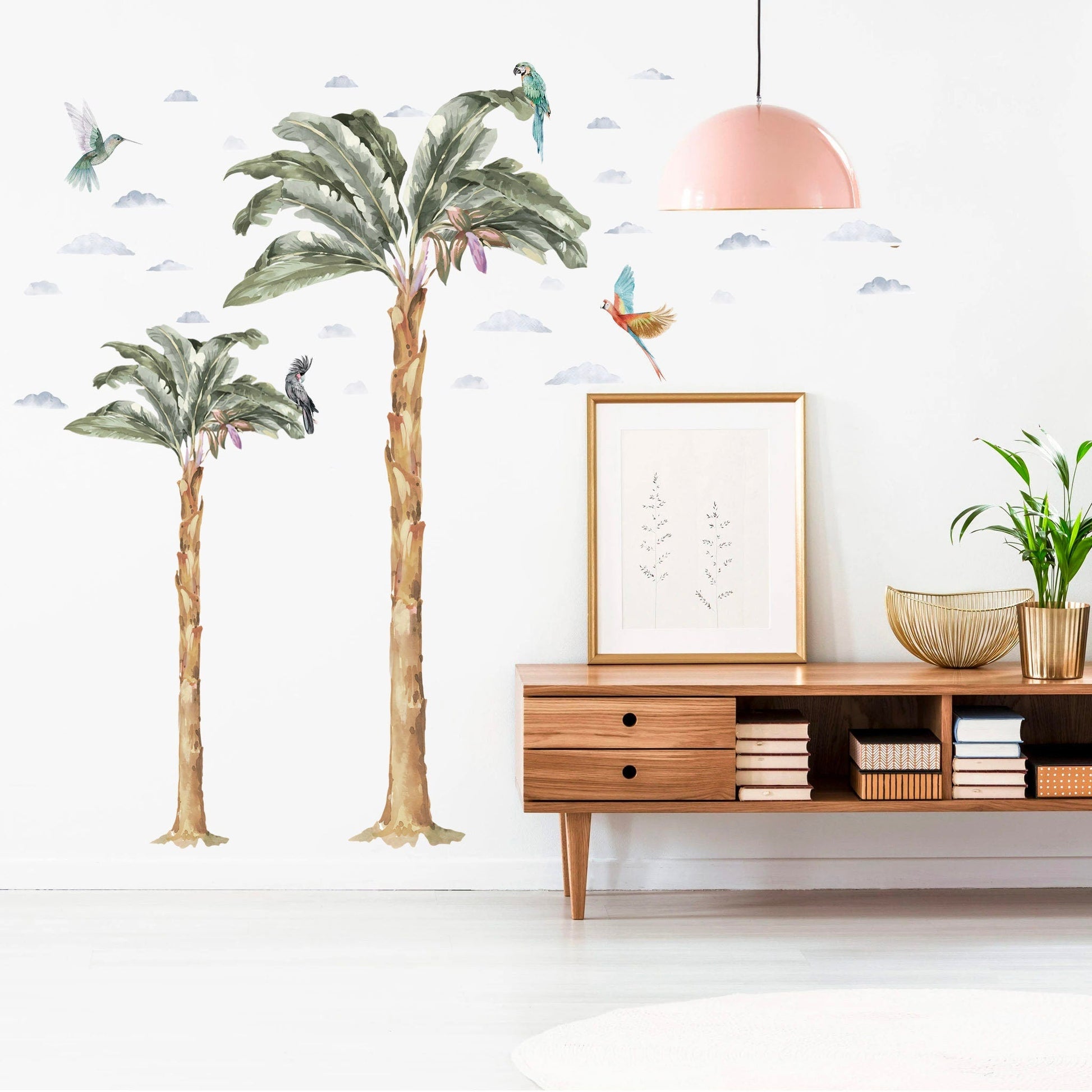 Tropical Plants Paradise Wall Decal - Coconut Trees, Parrots, Clouds in Rainforest - BR029