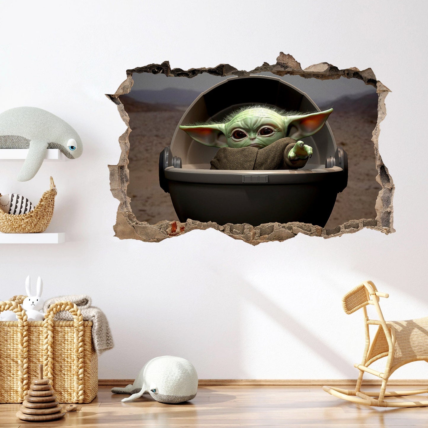 Star Wars Baby Yoda behide a Smashed Wall Hole 3D Wall Decal
