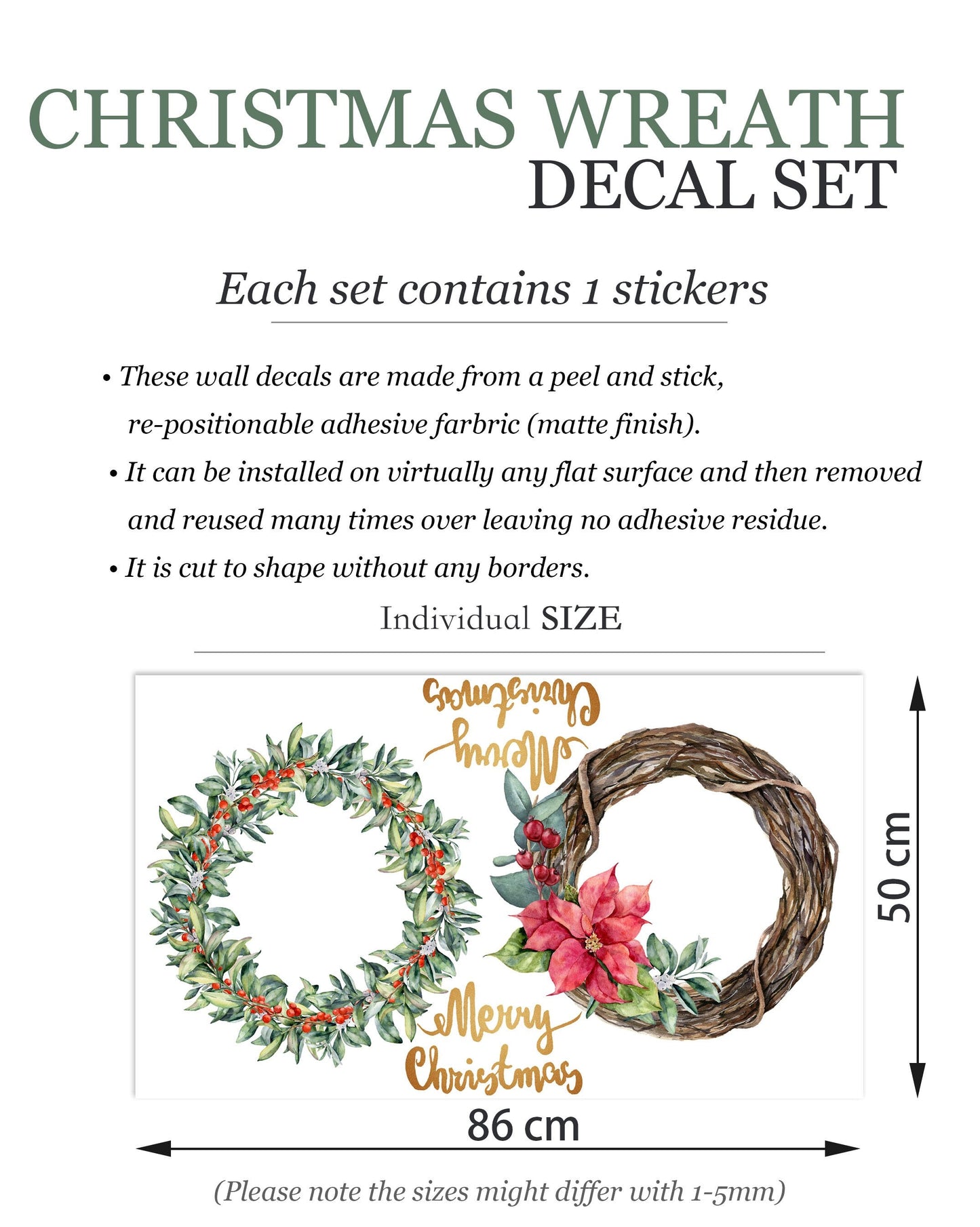 Christmas Green Wreath with Merry Christmas Wrinting Wall Decal - BR050