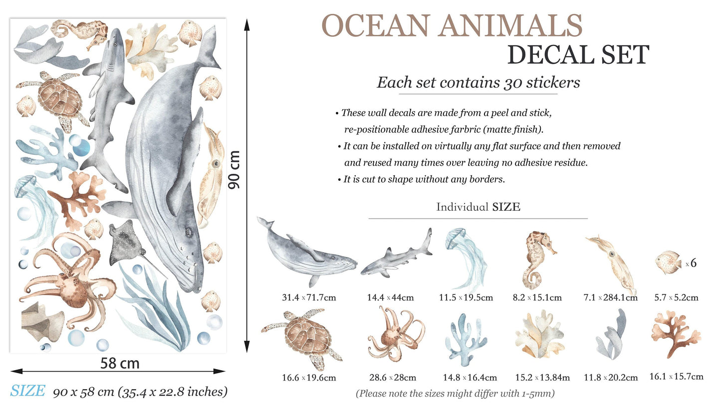 Underwater Sea Life Wall Decal – Whale Shark, Turtle, Jellyfish – Ocean Nursery Decor- BR032