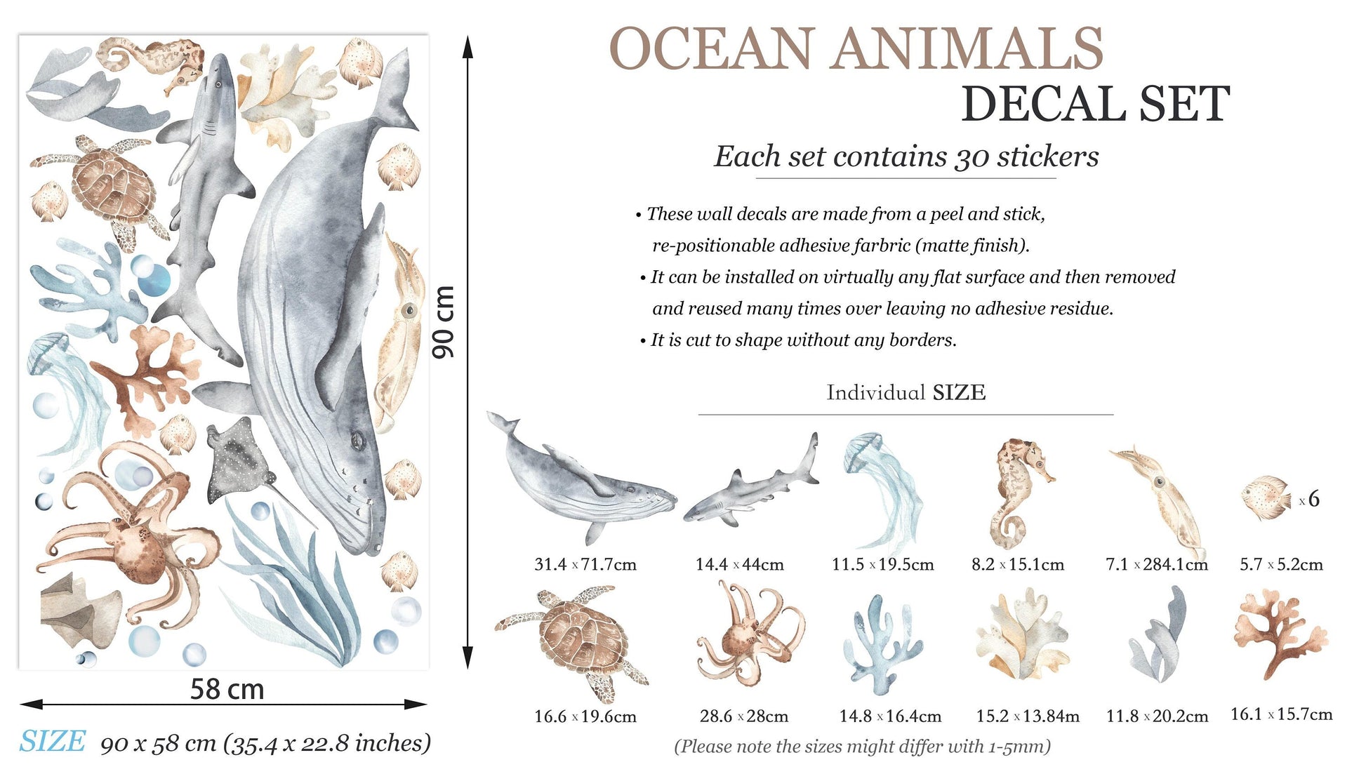 Underwater Sea Life Wall Decal – Whale Shark, Turtle, Jellyfish – Ocean Nursery Decor- BR032