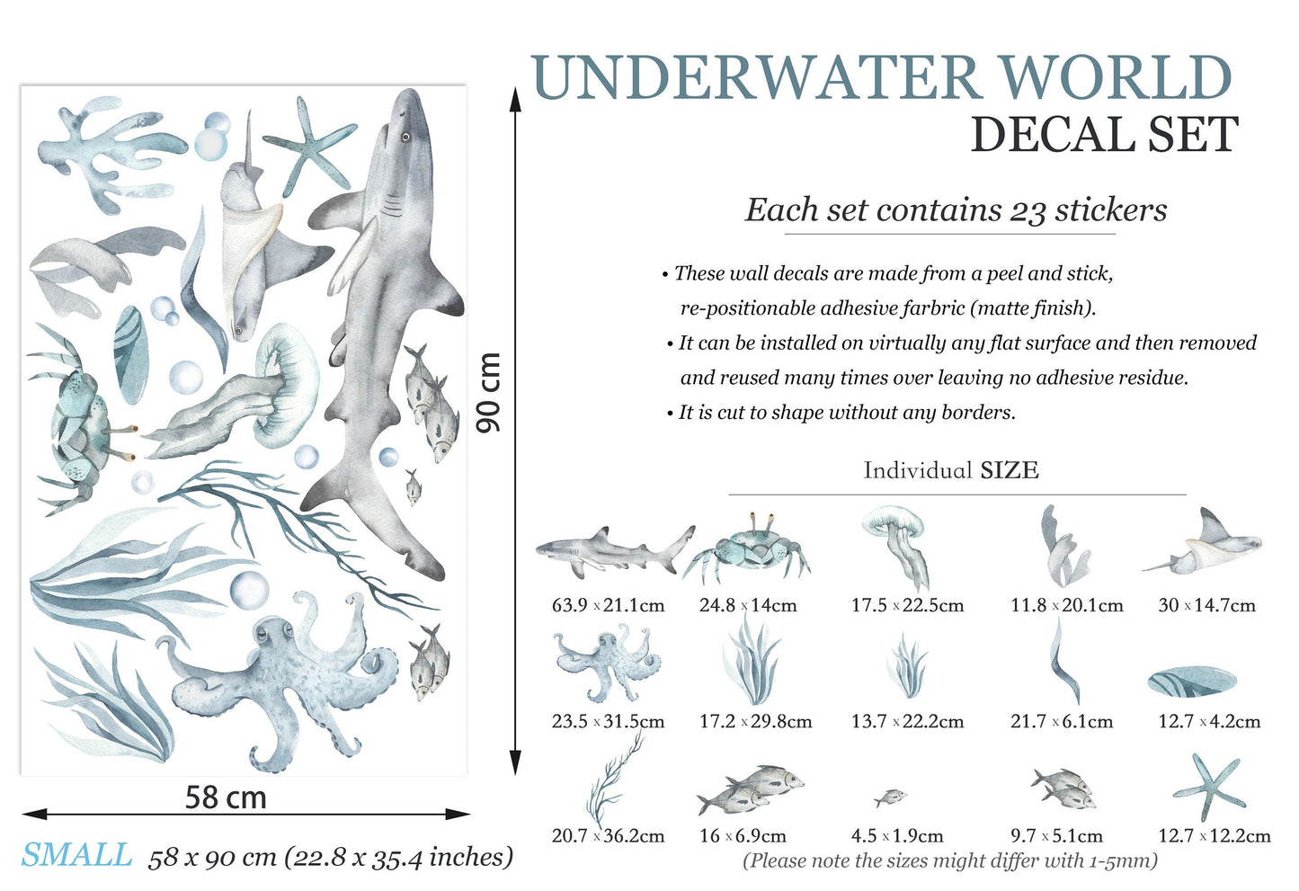 Blue Grey Underwater World Wall Decal - Shark Crab Octopus Jelly Fish - BR033